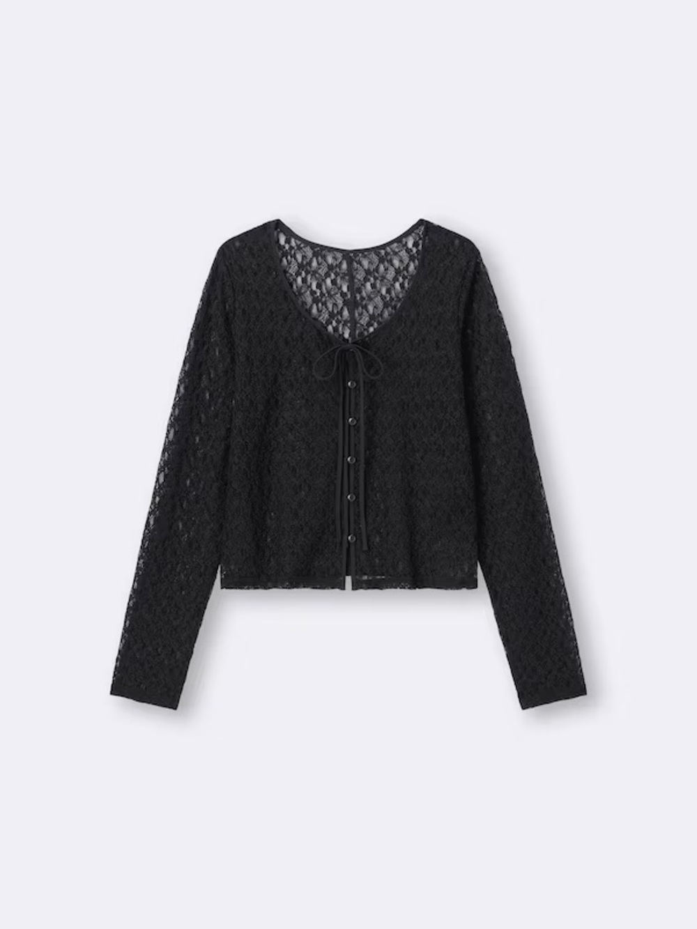 GU Lace Long-Sleeve Tie-Front Top (Black, M)